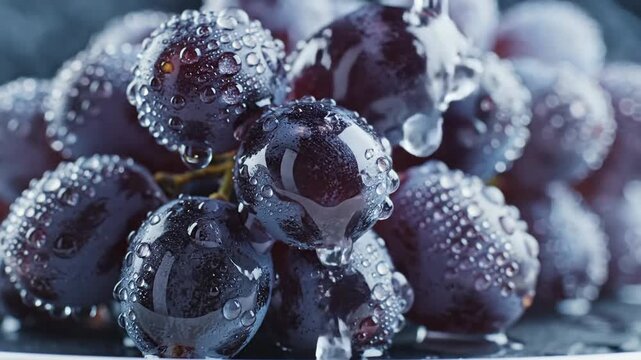 Plump dewy purple grapes glistening with water droplets, a close-up macro shot showcasing their fresh, juicy texture.