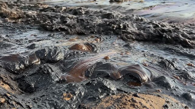 Oil Coated Marine Sediment Churning with the Tide, Revealing a Viscous, Earthy Surface Interaction