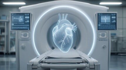 Advanced MRI Machine Imaging of Human Heart Anatomy in Modern Hospital Environment with Monitors and High-Tech Equipment