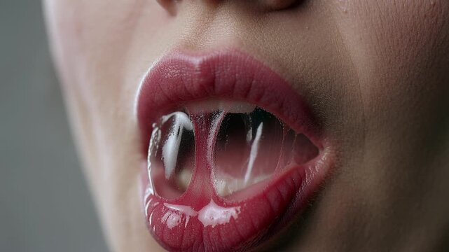 Extreme close up of female lips popping a transparent saliva bubble. Detailed macro shot showing skin texture and gloss suitable for beauty, skincare, and abstract hygiene projects.