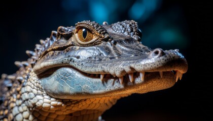 Obraz premium Crocodile head close-up with textured scales and sharp teeth highlighted against dark blurred background.