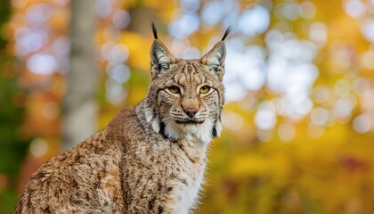 Obraz premium Lynx with spotted fur and ear tufts looking forward in forest with colorful autumn foliage background.