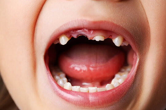 Close up of childs open mouth showing missing front teeth and tongue image