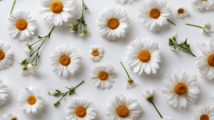Fototapeta premium A Beautiful Arrangement of White Daisies and Floral Elements on a Light Background for Creative Inspiration and Natural Decoration Ideas
