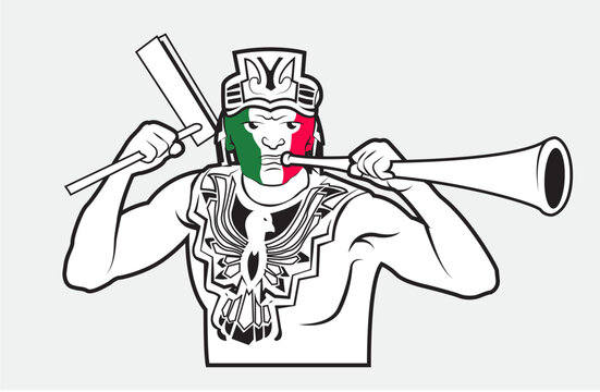 Mexican Aztec Warrior with Flag Face Paint and Traditional Instruments