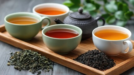 Various Types of Tea Displayed in Elegant Cups on a Wooden Tray with Teapot and Loose Leaf Tea