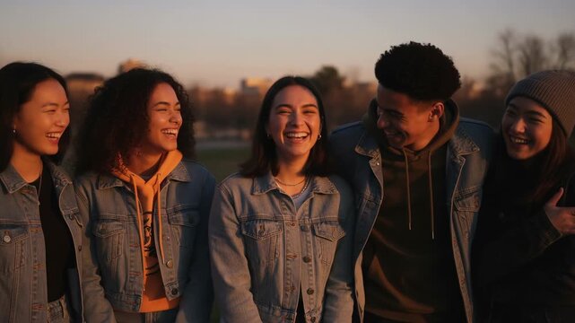 Laughing friends wearing denim jacket teenage diverse group smiling outdoors at golden hour casual young adults sunset park