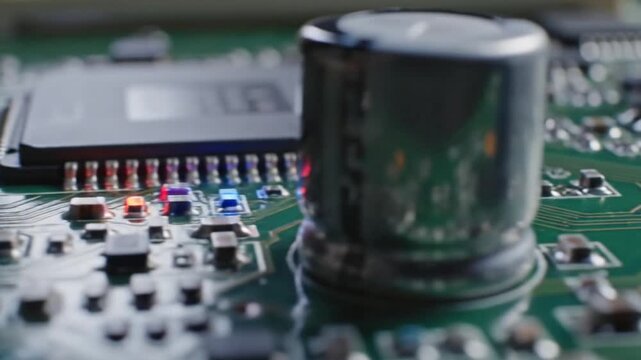 Close-up view of electronic components on a circuit board with capacitor and microchip