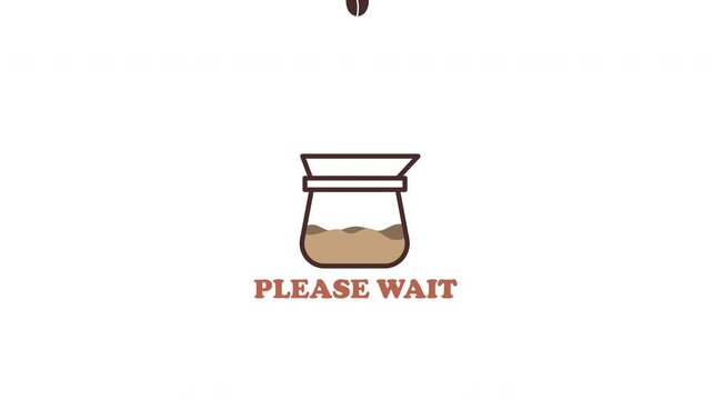 4K V60 pour over coffee loading animation with alpha channel. Drip filter brewing into coffee pot, liquid fill effect, loading text, percentage 0&ndash;100, and one coffee bean drop.