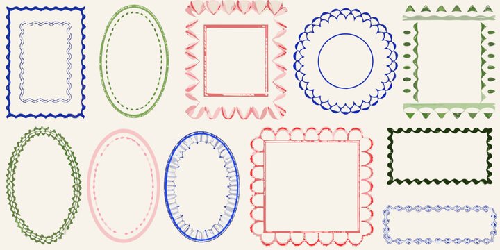 Collection of colorful decorative shapes resembling stitched or zigzag borders