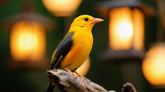 A vibrant yellow bird with black wings perched on a branch, illuminated by soft, warm lights in the background.