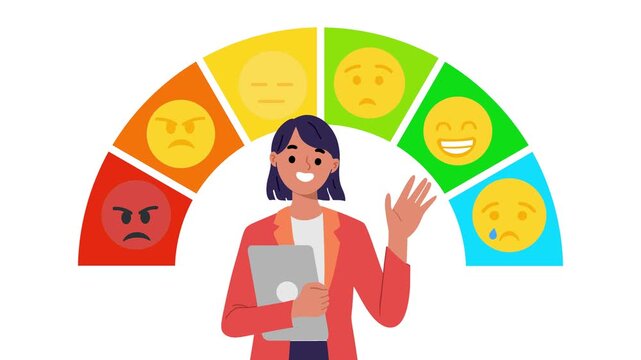 2D Animated Flat Style Woman Character Presenting Emotional Rating Scale Illustration Graphic