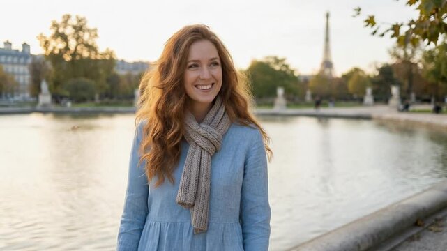 A smiling woman by the water with the Eiffel Tower in the background.