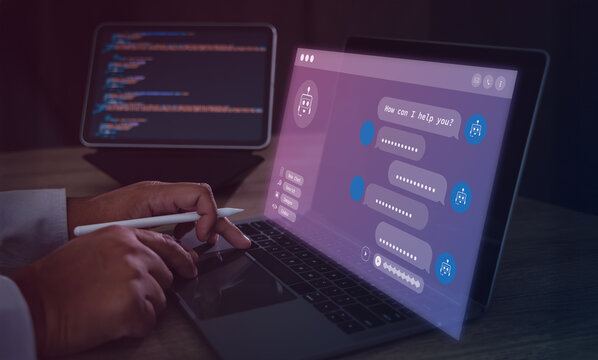 AI chatbot and customer support automation concept with conversational interface and robot on laptop, developer interacts the system with coding on screen ChatGPT