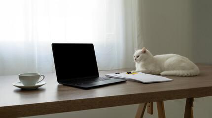 Remote work showing home office workspace with laptop and documents, computer remote studying, virtual training, watching online education webinar at home