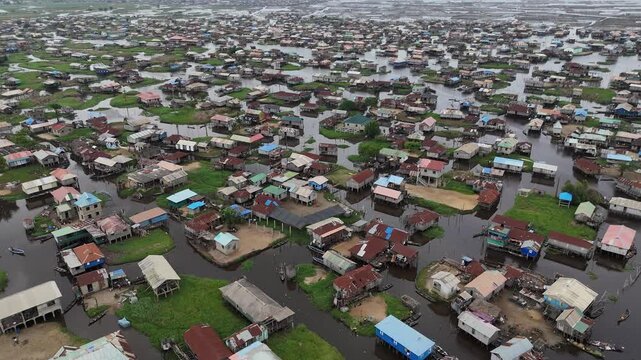 aerial footage showing the sprawling network of wooden stilt dwellings in the historic floating village of Ganvie Floating Village in Benin West Africa