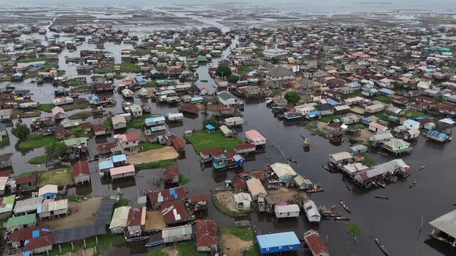drone panorama looking over the sprawling network of wooden stilt houses in Ganvie, the largest floating community in Africa