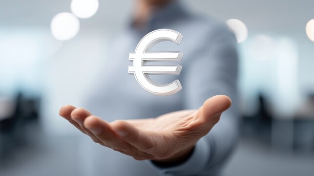 Businessman Holds Virtual Euro Symbol Above Hand in Modern Workspace