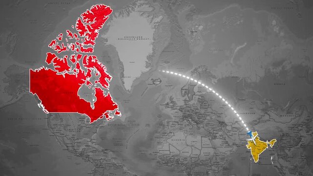 Airplane Flight Path Animation from Canada to India across the Atlantic and Eurasia
