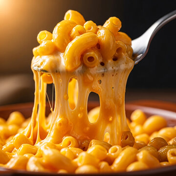 A fork holding macaroni and cheese with a gooey cheesy string
