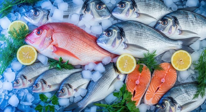A fresh seafood display featuring various types of fish on ice with lemon slices and parsley
