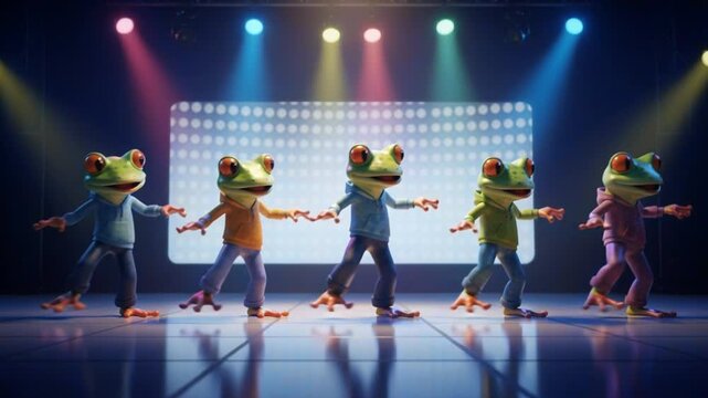 Animated Frogs Dancing Together on Stage Performance Colorful Lighting