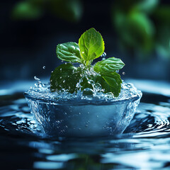 Mint leaves in water with bubbles