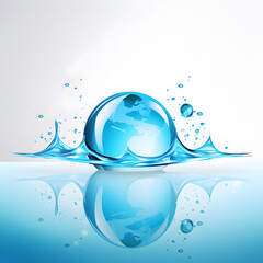 A large water droplet on a reflective surface with splashes