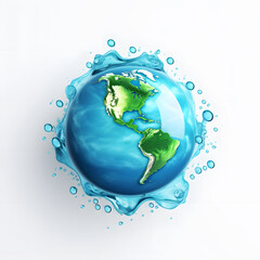 Earth globe surrounded by water droplets and splashes