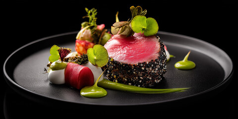 Gourmet seared tuna dish with sauces and greens