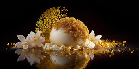 Elegant dessert with gold decoration and white flowers
