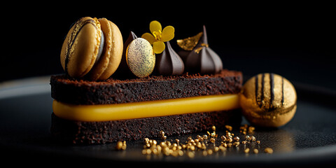 Luxurious chocolate dessert with gold accents