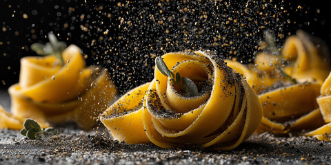 Close up of tagliatelle pasta with herbs and black pepper
