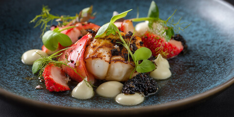 Gourmet grilled scallop with lobster and caviar