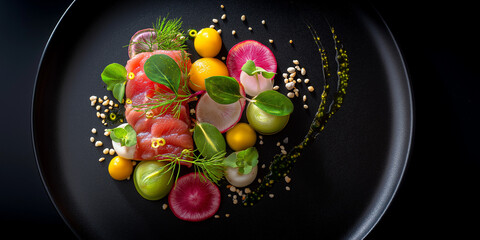 Gourmet plated raw fish dish with vegetables