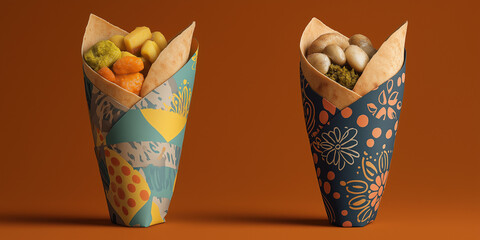 Two vegetarian wraps with colorful wraps