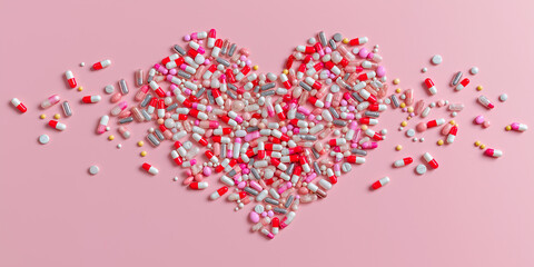 Heart shaped pills on pink background