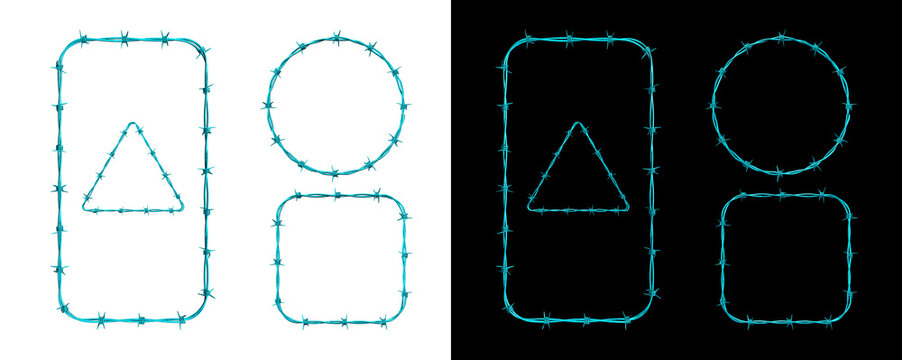 Cyan barbed wire frames set isolated on transparent background with geometric shapes like circle square triangle and rect