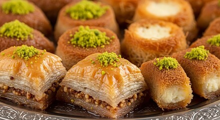 A close-up view of an assortment of delicious Middle Eastern pastries, including baklava and other sweet desserts, garnished with crushed pistachios on a decorative silver tray.