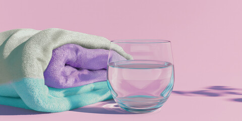 Glass of water with pastel towel on pink background