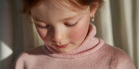 Close up of young girl with red hair looking down
