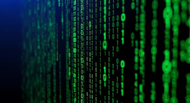 Digital matrix of green binary code falling against a dark background