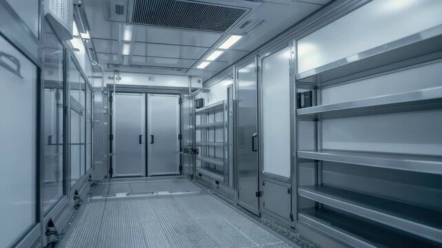 Sterile cold storage room with metal shelving and double door industrial interior refrigerated