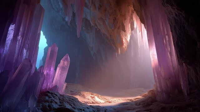Crystal cave filled with shining rocks and soft energy light reflecting off the cave walls. The natural beauty of the cave draws attention and amazes viewers
