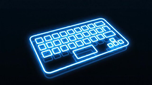 A glowing blue outline of a keyboard is presented against a black, minimalist background