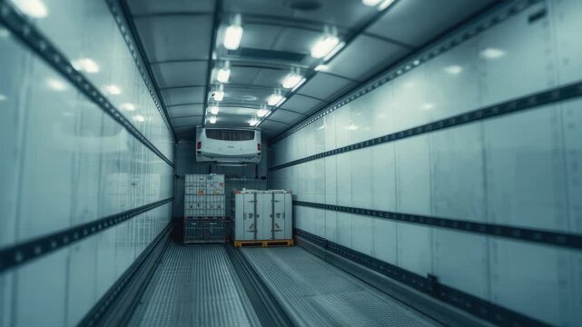 Refrigerated cargo trailer interior with stacked containers pallet boxes and cold chill lighting