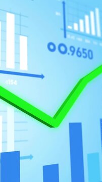 An animated market trend icon with rising and falling line graph, smooth line drawing animation, subtle easing, gentle vertical tilt camera movement, flat style, loop
