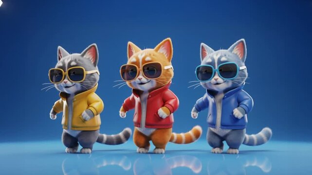 Cartoon Cats Dancing Together Wearing Jackets and Sunglasses on Blue