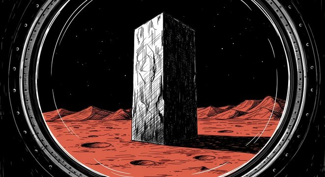 Monolith on a red planet viewed through a circular window