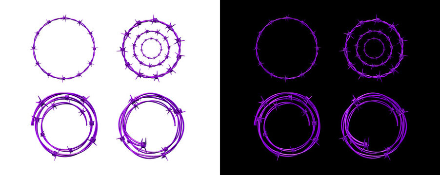 Set of purple barbed wire frames with spikes isolated on a transparent background and black background